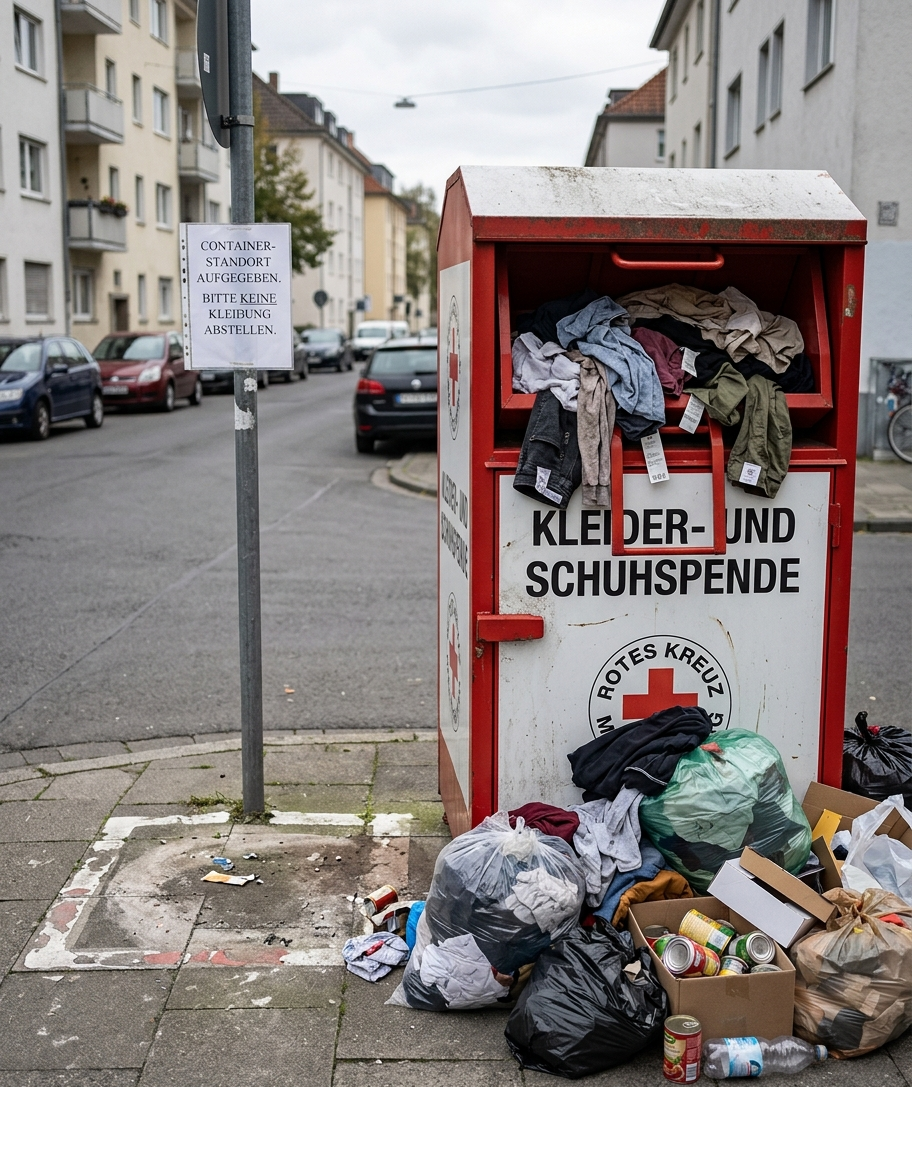 Altkleidercontainer sind überlastet. Übersäht mit Müll