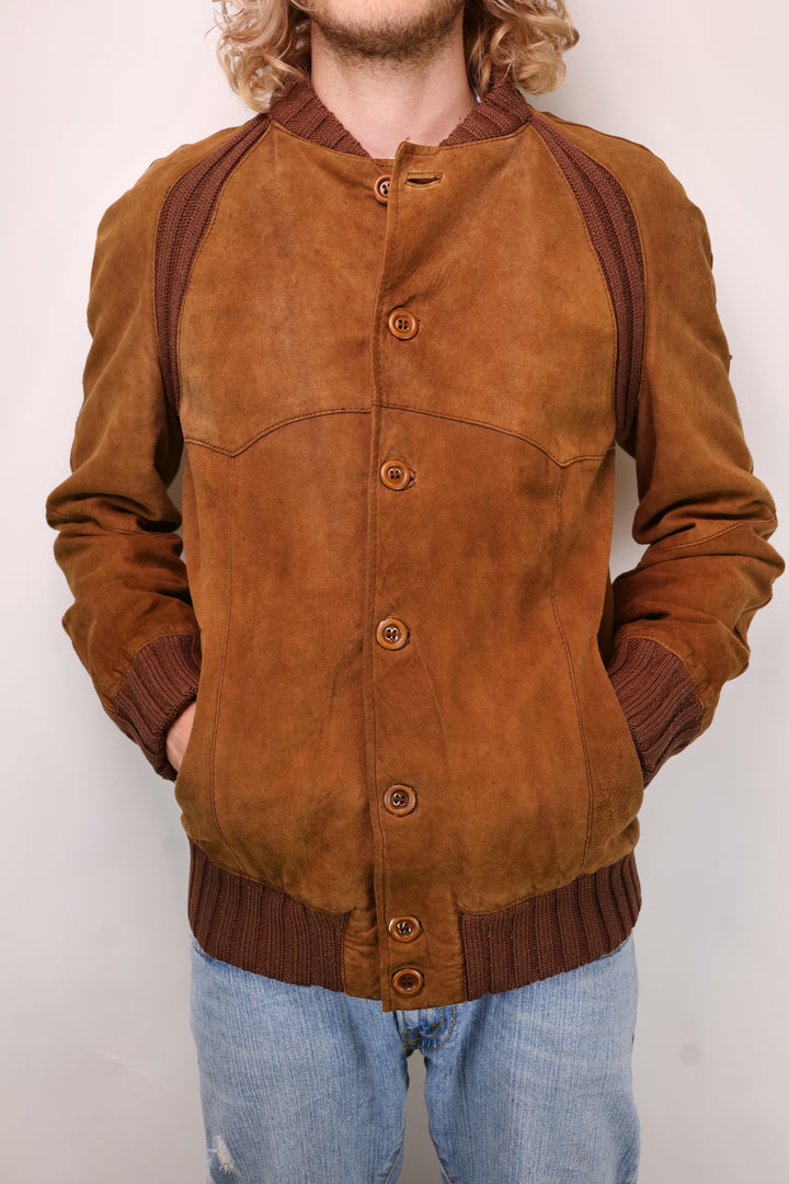 Vintage 90er Wildlederjacke Blouson cognac mit Strickeinsätzen