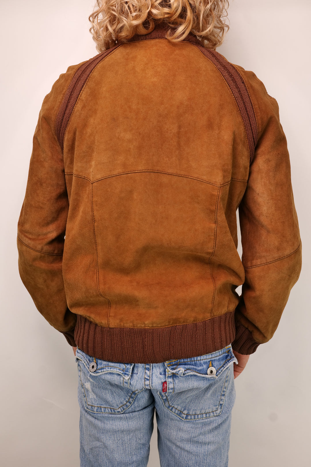 Vintage 90er Wildlederjacke Blouson cognac mit Strickeinsätzen