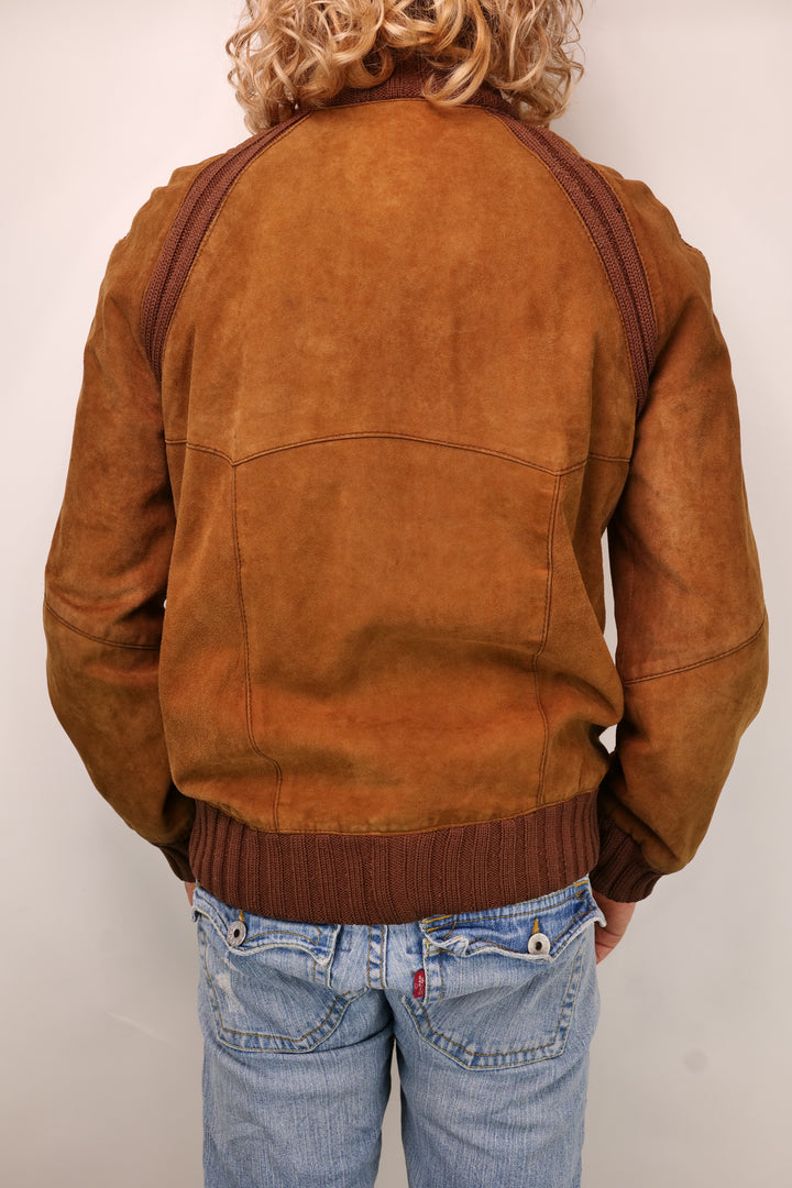 Vintage 90er Wildlederjacke Blouson cognac mit Strickeinsätzen