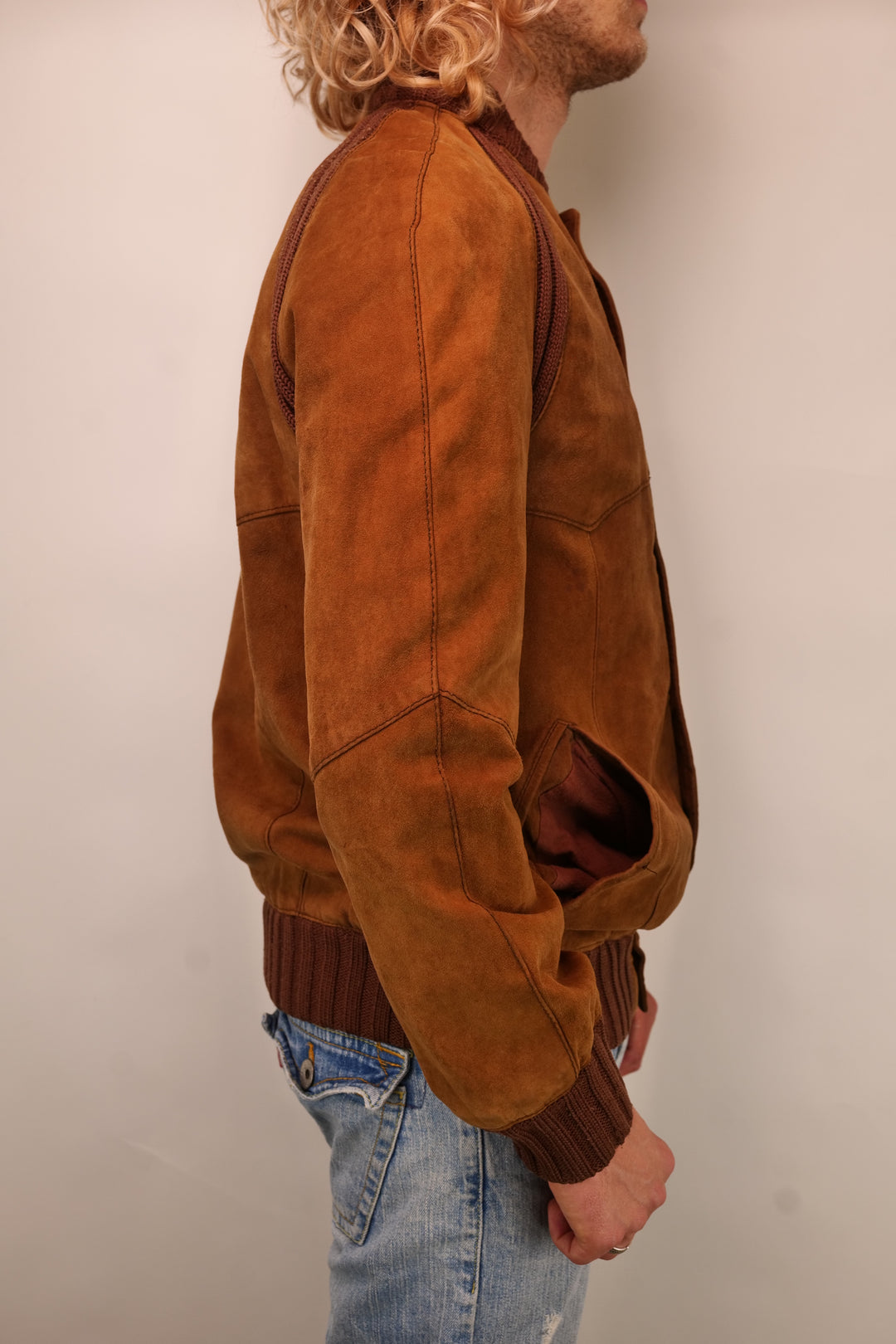Vintage 90er Wildlederjacke Blouson cognac mit Strickeinsätzen