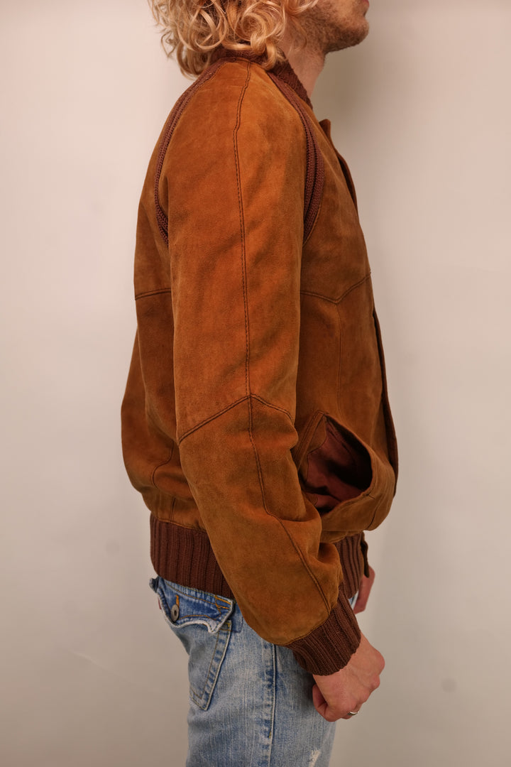 Vintage 90er Wildlederjacke Blouson cognac mit Strickeinsätzen